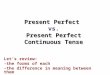 Present Perfect Present Perfect Continuous Tense Present Perfect vs. Present Perfect Continuous Tense Let’s review: -the forms of each -the difference