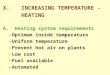 X. INCREASING TEMPERATURE - HEATING A. Heating system requirements –Optimum inside temperature –Uniform temperature –Prevent hot air on plants –Low cost