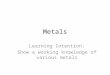 Metals Learning Intention: Show a working knowledge of various metals