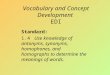 Vocabulary and Concept Development EDI Standard: 1.4 Use knowledge of antonyms, synonyms, homophones, and homographs to determine the meanings of words