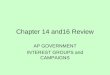 Chapter 14 and16 Review AP GOVERNMENT INTEREST GROUPS and CAMPAIGNS