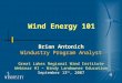 Wind Energy 101 Brian Antonich Windustry Program Analyst Great Lakes Regional Wind Institute Webinar #1 – Windy Landowner Education September 13 th, 2007