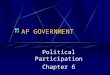 AP GOVERNMENT Political Participation Chapter 6. Nonvoting Problem: Low Voter Turnout Only 2/3 of the voting age in the US register to vote About 87%