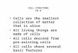 CELL STRUCTURE CH 6 Cells are the smallest collection of matter that is alive All living things are made of cells All cells descend from pre- existing