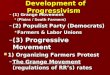 Development of Progressivism Development of Progressivism –(1) Grange Movement  (Plains / South Farmers) –(2) Populist Party (Democrats)  Farmers & Labor