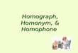Homograph, Homonym, & Homophone. In derivation, homograph means "same writing" homophone means "same sound“ homonym means "same name“