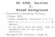 EE 225D, Section I: Broad background Synthesis/vocoding history (chaps 2&3) –Short homework: exercises 2.3, 3.1 (send to morgan@icsi.berkeley.edu by Monday)morgan@icsi.berkeley.edu