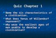Quiz Chapter 1 Name the six characteristics of a civilization. Name the six characteristics of a civilization. What does Venus of Willendorf represent?