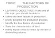 TOPIC: THE FACTORS OF PRODUCTION LEARNING OBJECTIVES: At the end of this topic, you should be able to: Define the term ‘factors of production’. Briefly
