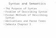 1 Syntax and Semantics The Purpose of Syntax Problem of Describing Syntax Formal Methods of Describing Syntax Derivations and Parse Trees Sebesta Chapter