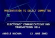 PRESENTATION TO SELECT COMMITTEE ELECTRONIC COMMUNICATIONS AND TRANSACTIONS BILL ANDILE NGCABA12 JUNE 2002