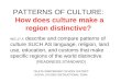 PATTERNS OF CULTURE: How does culture make a region distinctive? WG.17.A describe and compare patterns of culture SUCH AS language, religion, land use,