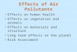 Effects of Air Pollutants Effects on human health Effects on vegetation and animals Effects on materials and structure Long term effects on the planet