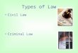 Types of Law Civil Law Criminal Law. Some Terms Litigants –Plaintiff –Defendant Standing Class Action Suits Interest Groups –ACLU, NAACP –Amicus Curiae