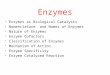 Enzymes as Biological Catalysts  Nomenclature and Names of Enzymes  Nature of Enzymes  Enzyme Cofactors  Classification of Enzymes  Mechanism of