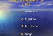 FIVE KINGDOMS OF LIFE 1. A nimalia 2. P lantae 3. P rotista 4. F ungi 5. M onera