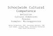 Schoolwide Cultural Competence Definition Cultural Dimensions Process Examples: Microaggression Donna Gilbertson, PhD, Courtenay Barrett, PhD Lynn Adams,