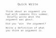 Think about an argument you had with someone this summer. Briefly write what the argument was about. Did you “win” the argument? Write a definition of