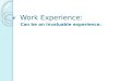 Work Experience: Can be an invaluable experience