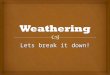 Lets break it down!.   The process of rocks being broken down into smaller pieces by outside conditions.  Types of Physical/mechanical weathering (PRIAA)