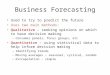 Business Forecasting Used to try to predict the future Uses two main methods: Qualitative – seeking opinions on which to base decision making – Consumer