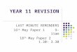 YEAR 11 REVISION LAST MINUTE REMINDERS 16 th May Paper 1 9- 11am 18 th May Paper 2 1.30- 3.30