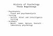History of Psychology Three Beginnings Psychiatric Freud and psychoanalysis Testing Galton, Binet and intelligence testing Academic Wundt, James, Watson,