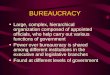 BUREAUCRACY Large, complex, hierarchical organization composed of appointed officials, who help carry out various functions of government Power over bureaucracy