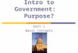 Intro to Government: Purpose? Unit 1 Basic Concepts