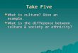 Take Five  What is culture? Give an example.  What is the difference between culture & society or ethnicity?