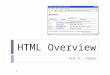 HTML Overview Part 4 – Tables 1. HTML Tables  Tables are defined with the tag pair.  A table is divided into rows with tag pairs. o tr stands for "table