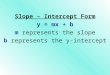 Slope – Intercept Form y = mx + b m represents the slope b represents the y-intercept