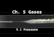 Ch. 5 Gases 5.1 Pressure. I. Kinetic Theory A. Refers to the kinetic (motion) energy of particles particularly gases: 1. Gases composed of particles with