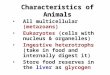 Characteristics of Animals All multicellular (metazoans) Eukaryotes (cells with nucleus & organelles) Ingestive heterotrophs (take in food and internally