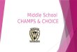 Middle School CHAMPS & CHOICE. Conversation  Level 0 Voice = Silence  Level 1 Voice = Whispering  Level 2 Voice = Small Group  Level 3 Voice = Read