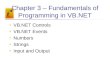 Chapter 3 – Fundamentals of Programming in VB.NET VB.NET Controls VB.NET Events Numbers Strings Input and Output