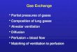 Gas Exchange Partial pressures of gases Composition of lung gases Alveolar ventilation Diffusion Perfusion = blood flow Matching of ventilation to perfusion