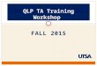 FALL 2015 QLP TA Training Workshop. AGENDA (Morning) 9:00 – 9:10Introduction to QLPTeam 9:10 – 9:20Student Learning Outcomes (SLOs)Kim Massaro 9:20 –