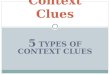 5 TYPES OF CONTEXT CLUES Context Clues. The meaning of the unknown word is provided by a direct definition or explanation. Signals that a direct definition