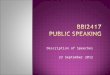 Description of Speeches 23 September 2012.  It is intended for special occasions  It is generally brief – less than 5 minutes  5 common types: 1) Introduction