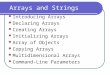 Arrays and Strings Introducing Arrays Declaring Arrays Creating Arrays Initializing Arrays Array of Objects Copying Arrays Multidimensional Arrays Command-Line