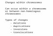 Changes within chromosomes Can occur within a chromosome or between non-homologous chromosomes Types of changes - deletions - duplications - inversions
