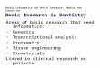 Dental Informatics and Dental Research: Making the Connection Basic Research in Dentistry Areas of basic research that need informatics: Genomics Transcriptional