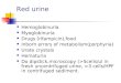 Red urine Hemoglobinuria Myoglobinuria Drugs (rifampicin),food Inborn errors of metabolism(porphyria) Urate crystals Hematuria Do dipstick,microscopy (>5cells/ul