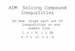 AIM: Solving Compound Inequalities Do Now: Graph each set of inequalities on one number line. 1.c < 8; c ≥ 10 2.t ≥ –2; t ≤ –5