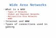 Wide Area Networks What is a WAN Types of Networks Global and Regional Networks Metropolitan Area Networks WANS Internet and WWW Types of connections used