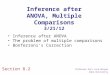 Inference after ANOVA, Multiple Comparisons 3/21/12 Inference after ANOVA The problem of multiple comparisons Bonferroni’s Correction Section 8.2 Professor