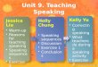 Jessica Liu Warm-up Reasons for teaching speaking Speaking sequences Exercise 2 Kelly Yu Correcting speaking What teachers do during a speaking activity