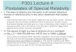 P301 Lecture 4 Postulates of Special Relativity I- The laws of physics are the same in all inertial reference frames of reference (this is the same statement
