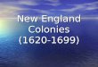 New England Colonies (1620-1699). The New England Colonies Massachusetts Rhode Island Connecticut New Hampshire